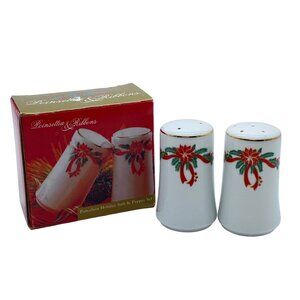 Tienshan/Fairfield Poinsettia & Ribbons Salt Pepper Shakers Festive Holiday